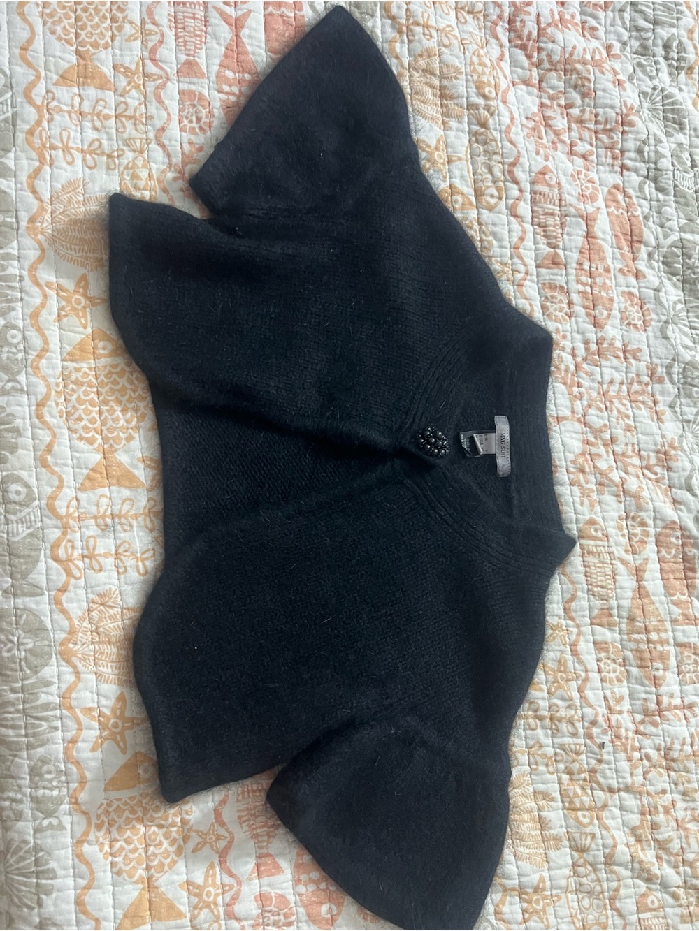 Mango Black Short-Sleeve Knit Poncho with Decorative Button